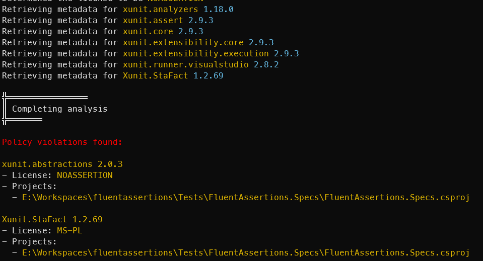 Console output of a PackageGuard scan