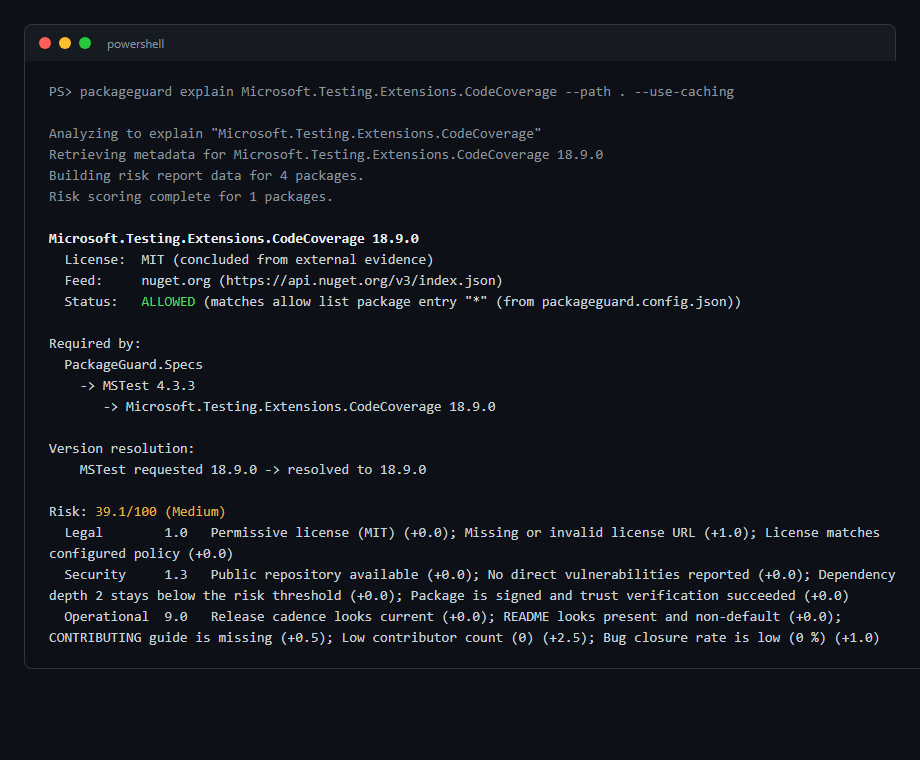 Console output of explaining a package
